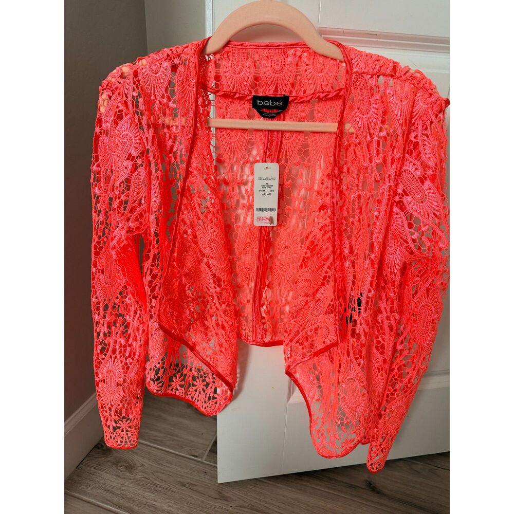 Bebe NWT Orange Crochet Lace Cardigan Size 8 Y2K Romantic Sheer Open Front